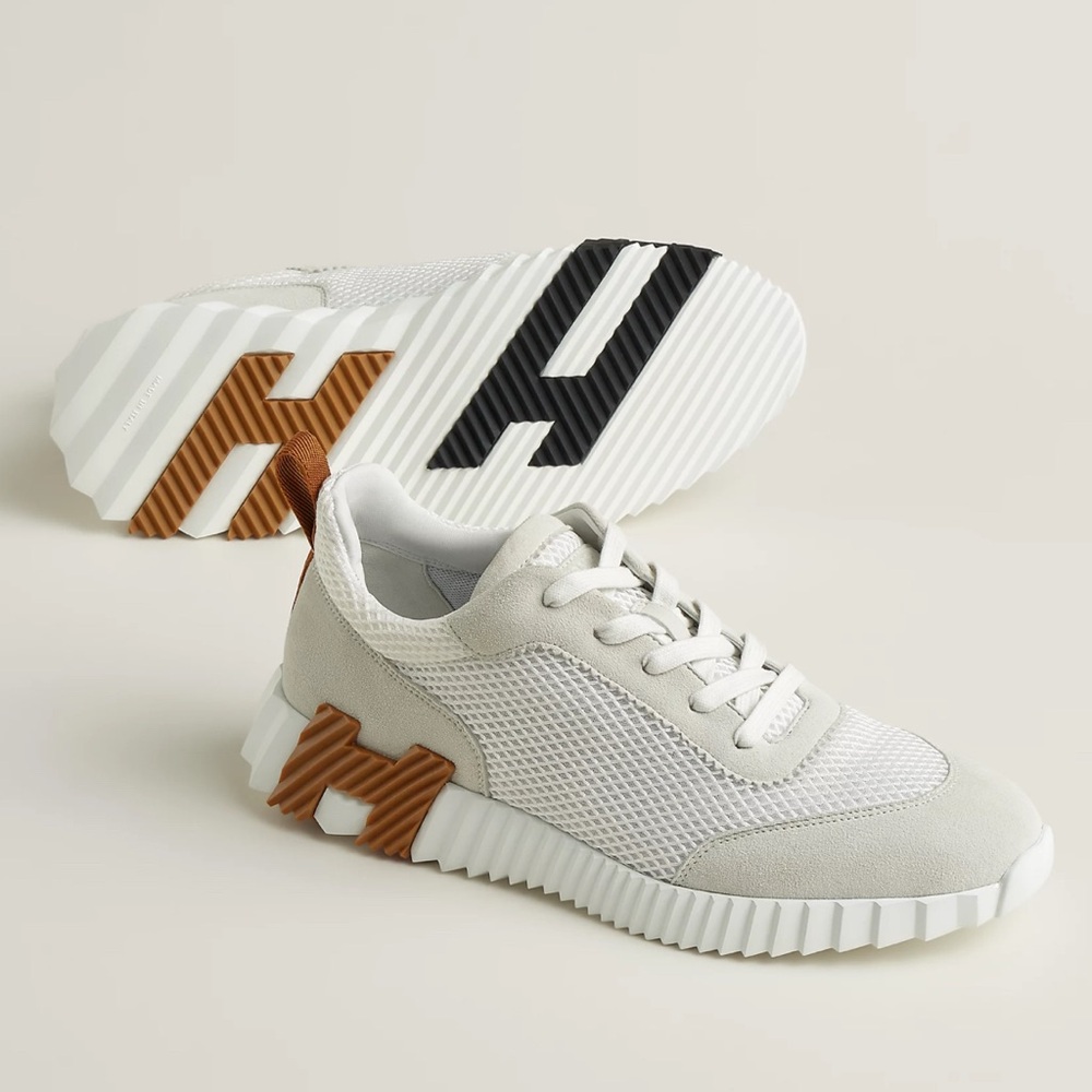 HERMES BOUNCING SNEAKER White and Tan Low-Top Sneakers with Textured Sole